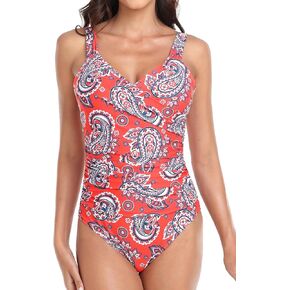 Women's One Piece Swimsuit Tummy Control V Neck Bathing Suit Ruched Vintage Plus Size Swimwear