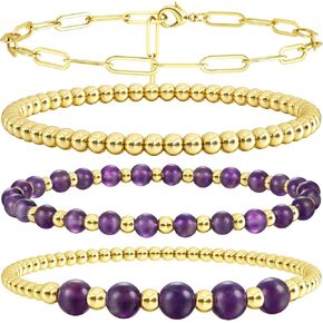 Sanfenly Gold Beaded Bracelets For Women, 14k Real Gold Plated Bead Stretch Stackable Stacked Stacking Stretchy Layered Trendy Simple Pearl Turquoise Amethyst Crystal Paperclip Chain Bracelet Sets
