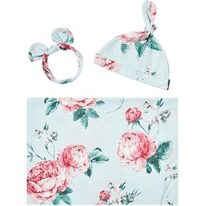 insular Swaddle Blankets Beanie Hat Headband Sets, Newborn Baby Girl Swaddle Sack, Receiving Blankets Infant Baby Gifts, Photo Props Photography, Floral&Bee