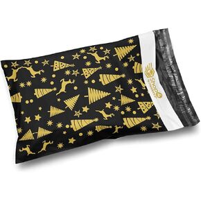 Shop4Mailers 10 x 13 Christmas Tree Black and Gold Holiday Poly Bag Mailer Envelopes 2 Mil (100 Pack, Gold Tree)