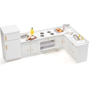 Wooden Dollhouse Furniture 1 12 Scale - Doll House Furniture Toys for Dollhouse Kitchen Incl Cabinets & Refrigerator & Mixing Bowls & Cake Pans and Other Miniture House Furniture