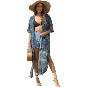 Women Chiffon Summer Beach Bikini Kimono Bathing Suit Cover Ups Robe Loose Geometry Print Floral Duster for Swimwear