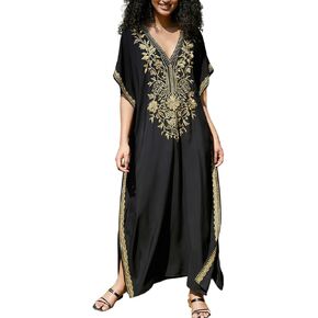 Bsubseach Kaftan Cover Ups for Swimwear Long Caftan Loungewear Gold Embroidery Swimsuit Cover Up Dress