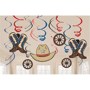 Western Party Hanging Swirl Decorations - 5" & 7" (Pack of 12) - Red & Blue Swirl W/Cowboy Cutouts - Perfect for Rustic, Rodeo & Wild West Themed Events