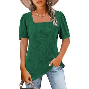Womens Tops Casual Puff Short Sleeve Tshirts Square Neck Solid Blouses Side Slit Loose Fit Basic Tee