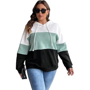 MakeMeChic Women's Plus Size Colorblock Drawstring Hooded Pullover Sweatshirt Long Sleeve Hoodie