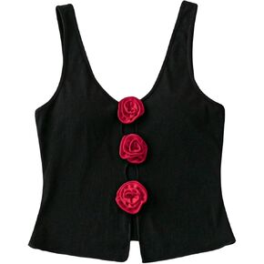 SHENHE Women's Ribbed Knit Cut Out Flower Rosette Top V Neck Sexy Fitted Tank Top