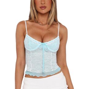 قميص نسائي Y2k دانتيل كامي علوي خرافي شفاف من خلال السباغيتي بدون أكمام بدون ظهر قميص قصير مثير شفاف للخروج بدون أكمام in Kuwait