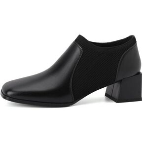 TinaCus Handmade Women's Genuine Leather Slip On Stretch Square Toe Mid Chunky Heel Pumps Shoes