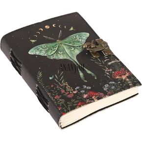 Handmade Leather Journal, Luna Moth and Morpho Butterfly Vintage Leather Notebook Diary Sketchbook, With 200 Blank Deckle Paper, Unruled, Brass Clasp Lock Journal for Men & Women, Black