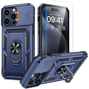Goton for iPhone 15 Pro Case with Screen Protector - Slide Camera Cover Protective Phone Case with Ring Stand, Heavy Duty Shockproof Rugged Bumper for iPhone 15 Pro Accessories Black