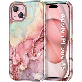 Btscase for iPhone 15 Pro Case 6.1 inch (2023), Marble Pattern 3 in 1 Heavy Duty Shockproof Full Body Hard PC+Soft Silicone Drop Protective Women Girls Cover for iPhone 15 Pro, Rose Gold in Saudi Arabia