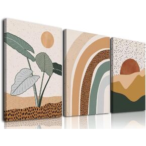 Sage Green Boho Wall Art Set of 3, Boho Room Decor, Mid-Century Modern Wall Art Prints, Framed Neutral Geometric Canvas Prints Green Wall Art Sun Rainbow Leaf Mountain Minimalist Artwork 12" X 16" for