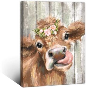 Country Bathroom Cow Canvas Wall Art Farmhouse Animal Pictures Wall Decor for Bedroom Framed Modern Artwork for Office Rustic Retro Home Decoration