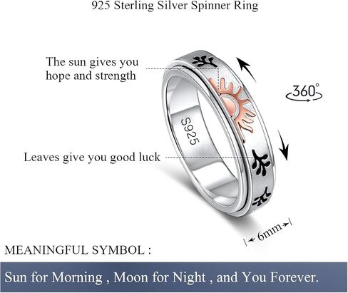S925 Sterling Silver Fidget Ring Spinner Ring Moon Sun Anxiety Ring for Women Men Stress Relieveing Rings Birthday Gifts in Saudi Arabia