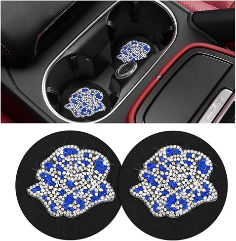 zipelo Rose Car Coasters, 2 Pack Bling Insert Cup Holder Coaster with Crystal Rhinestone, Universal 2.75 Inch Anti-Slip Shockproof Auto Drinks Cup Mat, Cute Car Accessories Decor for Women (Black) in Saudi Arabia