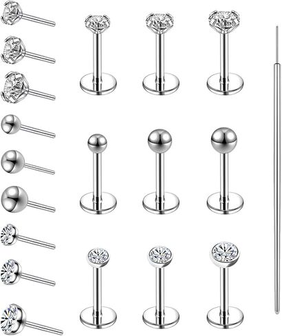19pcs دفع بدون خيوط في حلقات الأنف الأزرار، 20/18G 316L الجراحية الفولاذ المقاوم للصدأ الشفاه خواتم الأزرار Labret مجوهرات الغضروف الزنمة الحلزون أقراط ترصيع مونرو ميدوسا ثقب المجوهرات للنساء الرجال in Kuwait