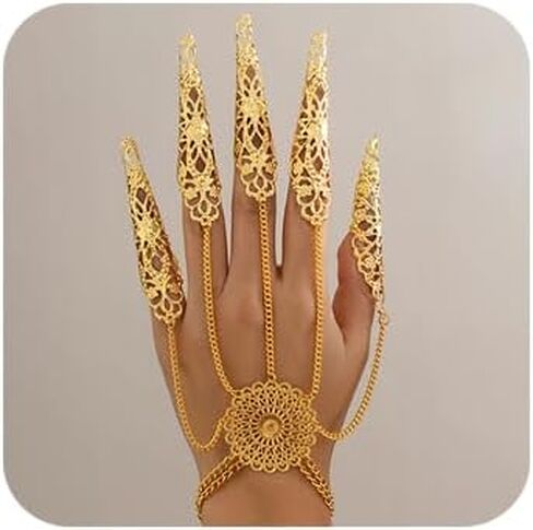 Denifery Gothic Finger Tip Claw Rings for Women Punk Nail Ring Vintage Hollow Pattern Fingertip Claw Ring with Chain Jewelry for Halloween Cosplay Indian Belly Dance Decoration Accessory in Saudi Arabia