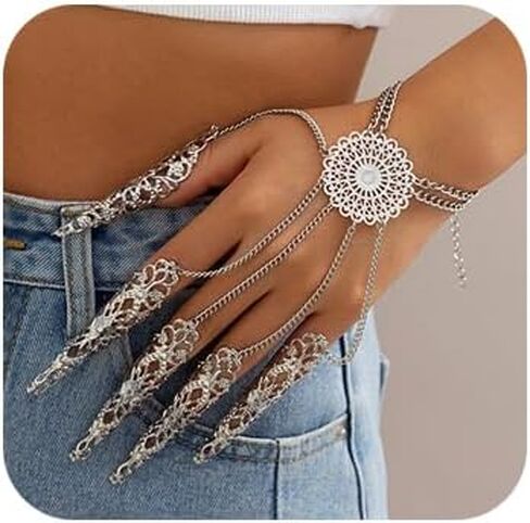 Denifery Gothic Finger Tip Claw Rings for Women Punk Nail Ring Vintage Hollow Pattern Fingertip Claw Ring with Chain Jewelry for Halloween Cosplay Indian Belly Dance Decoration Accessory in Saudi Arabia