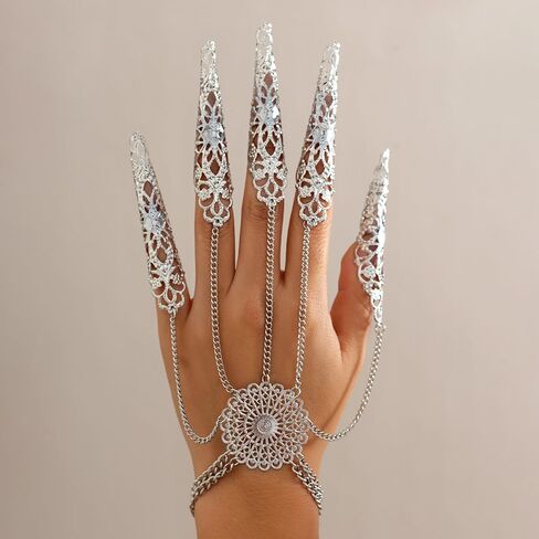 Denifery Gothic Finger Tip Claw Rings for Women Punk Nail Ring Vintage Hollow Pattern Fingertip Claw Ring with Chain Jewelry for Halloween Cosplay Indian Belly Dance Decoration Accessory in Saudi Arabia