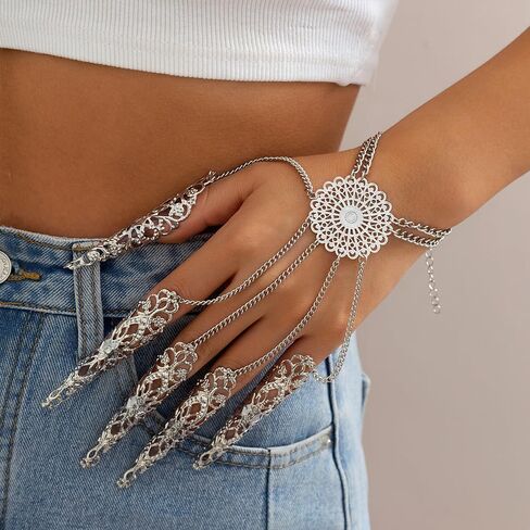 Denifery Gothic Finger Tip Claw Rings for Women Punk Nail Ring Vintage Hollow Pattern Fingertip Claw Ring with Chain Jewelry for Halloween Cosplay Indian Belly Dance Decoration Accessory in Saudi Arabia