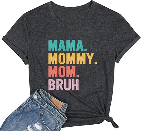 Mama Mommy Mom BruhT Shirt for Women Colorful Letter Print Shirt Mom Gift Casual Round Neck Top in Saudi Arabia
