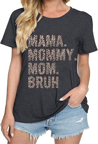 Mama Mommy Mom BruhT Shirt for Women Colorful Letter Print Shirt Mom Gift Casual Round Neck Top in Saudi Arabia