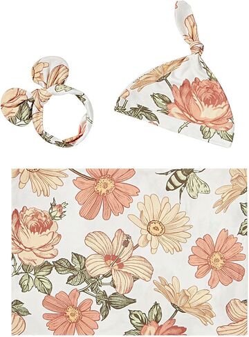 insular Swaddle Blankets Beanie Hat Headband Sets, Newborn Baby Girl Swaddle Sack, Receiving Blankets Infant Baby Gifts, Photo Props Photography, Floral&Bee in Saudi Arabia