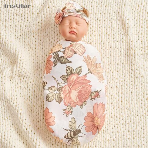 insular Swaddle Blankets Beanie Hat Headband Sets, Newborn Baby Girl Swaddle Sack, Receiving Blankets Infant Baby Gifts, Photo Props Photography, Floral&Bee in Saudi Arabia