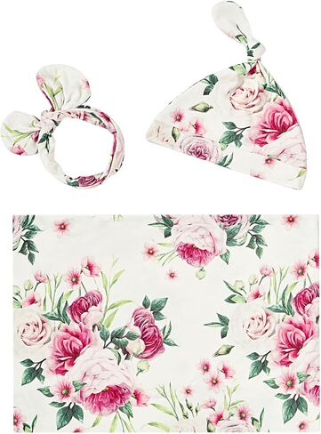 insular Swaddle Blankets Beanie Hat Headband Sets, Newborn Baby Girl Swaddle Sack, Receiving Blankets Infant Baby Gifts, Photo Props Photography, Floral&Bee in Saudi Arabia