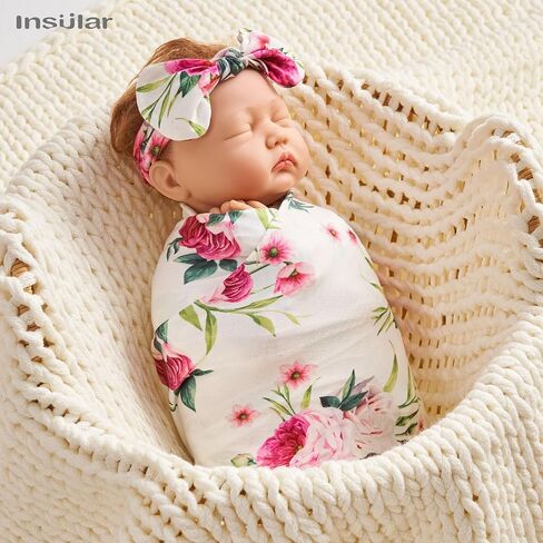 insular Swaddle Blankets Beanie Hat Headband Sets, Newborn Baby Girl Swaddle Sack, Receiving Blankets Infant Baby Gifts, Photo Props Photography, Floral&Bee in Saudi Arabia