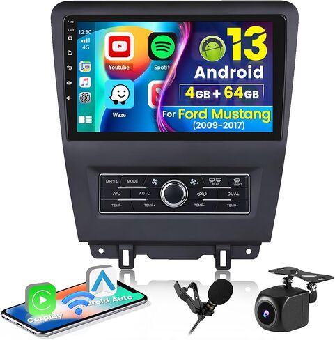 راديو ستيريو للسيارة 2+64G Android 13 لسيارة Ford Mustang 2009-2017، شاشة لمس عالية الدقة 10.1 بوصة مع CarPlay Android Auto، كاميرا احتياطية AHD، وصلة مرآة، GPS، WiFi، FM RDS in Saudi Arabia