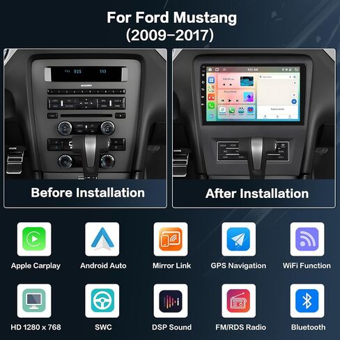 راديو ستيريو للسيارة 2+64G Android 13 لسيارة Ford Mustang 2009-2017، شاشة لمس عالية الدقة 10.1 بوصة مع CarPlay Android Auto، كاميرا احتياطية AHD، وصلة مرآة، GPS، WiFi، FM RDS in Saudi Arabia