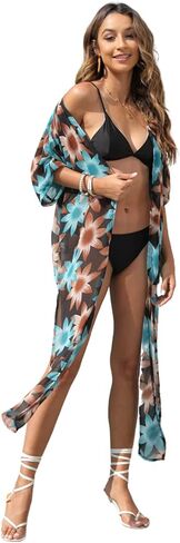 المرأة الشيفون الصيف بيكيني للشاطئ كيمونو ثوب السباحة التستر رداء فضفاض الهندسة طباعة الأزهار منفضة لملابس السباحة in Kuwait