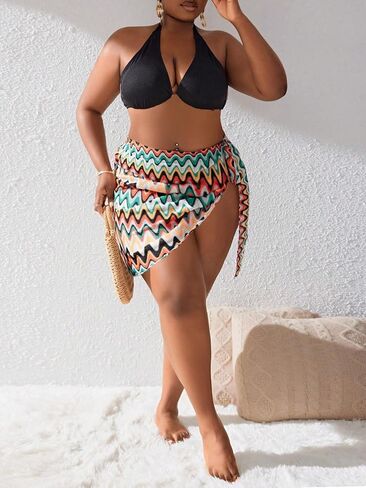 OYOANGLE Women's Plus Size Allover Print Sarong Swimsuit Coverup Beach Bikini Wrap Short Mini Skirts in Saudi Arabia