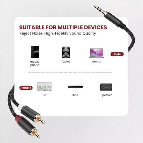 كابل RCA إلى 3.5 مم Aux، محول مقبس سماعة الرأس ذكر إلى ذكر من النايلون المضفر 1/8 إلى RCA Audio Y للهواتف الذكية، MP3، الأجهزة اللوحية، مكبرات الصوت - 3.3 قدم in Saudi Arabia
