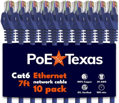 كابل إيثرنت PoE Texas Cat 6 بطول 7 أقدام - 10 حزم - كابل تصحيح Snagless - كابل شبكة 24AWG عالي السرعة 10 جيجابت - كابل إيثرنت Cat6 كابل Cat 6 - سلك إيثرنت لكابل الإنترنت Cat 6 (أزرق، 7 أقدام) in Kuwait