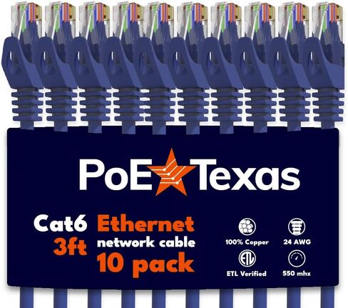 كابل إيثرنت PoE Texas Cat 6 بطول 7 أقدام - 10 حزم - كابل تصحيح Snagless - كابل شبكة 24AWG عالي السرعة 10 جيجابت - كابل إيثرنت Cat6 كابل Cat 6 - سلك إيثرنت لكابل الإنترنت Cat 6 (أزرق، 7 أقدام) in Kuwait