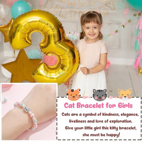 Lanqueen كيتي القط قلادة سوار للفتيات القط جيرفس لمحبي القطط اللؤلؤ الوردي وكرات لامعة مجوهرات عيد ميلاد هدايا عيد الميلاد لابنة حفيدة in Kuwait
