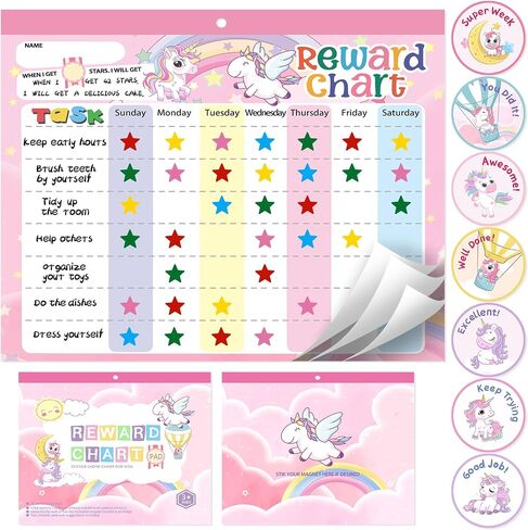 Magnetic Reward Chart for Kids at Home, Behavior Chart Pad with 26 Chore Charts, 1680 Star Stickers, 84 Motivational Stickers to Develop Responsibility & Good Habits (Unicorn) in Saudi Arabia