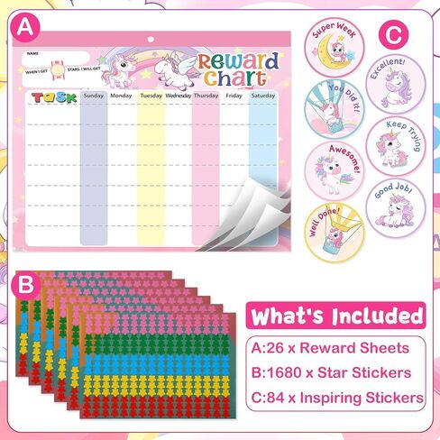 Magnetic Reward Chart for Kids at Home, Behavior Chart Pad with 26 Chore Charts, 1680 Star Stickers, 84 Motivational Stickers to Develop Responsibility & Good Habits (Unicorn) in Saudi Arabia