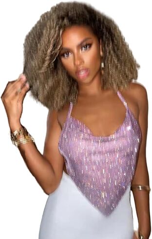 JUMISEE Women Shiny Rhinestone Backless Crop Top Sexy Cowl Neck Chain Tank Tops Cami for Party Night Club Outfit in Kuwait