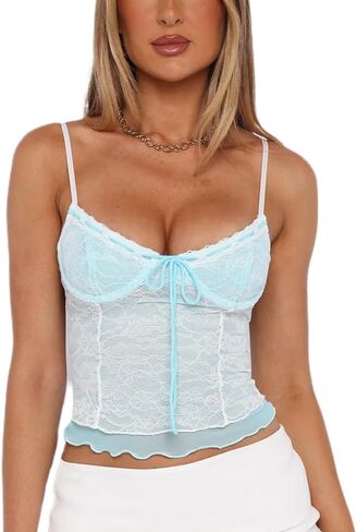 قميص نسائي Y2k دانتيل كامي علوي خرافي شفاف من خلال السباغيتي بدون أكمام بدون ظهر قميص قصير مثير شفاف للخروج بدون أكمام in Kuwait