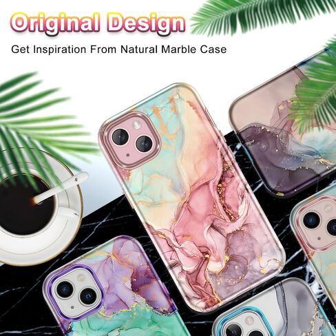 Btscase for iPhone 15 Pro Case 6.1 inch (2023), Marble Pattern 3 in 1 Heavy Duty Shockproof Full Body Hard PC+Soft Silicone Drop Protective Women Girls Cover for iPhone 15 Pro, Rose Gold in Saudi Arabia
