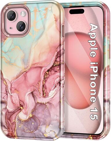 Btscase for iPhone 15 Pro Case 6.1 inch (2023), Marble Pattern 3 in 1 Heavy Duty Shockproof Full Body Hard PC+Soft Silicone Drop Protective Women Girls Cover for iPhone 15 Pro, Rose Gold in Saudi Arabia