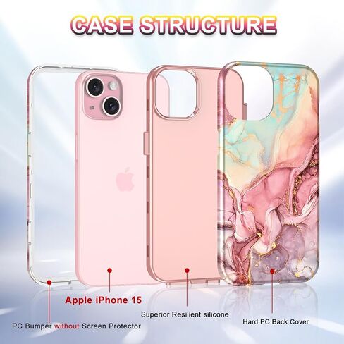 Btscase for iPhone 15 Pro Case 6.1 inch (2023), Marble Pattern 3 in 1 Heavy Duty Shockproof Full Body Hard PC+Soft Silicone Drop Protective Women Girls Cover for iPhone 15 Pro, Rose Gold in Saudi Arabia