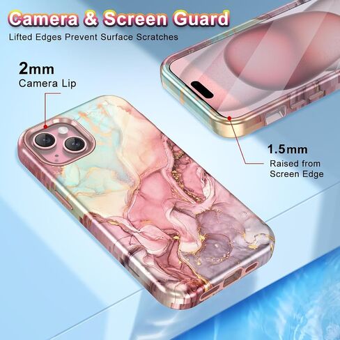 Btscase for iPhone 15 Pro Case 6.1 inch (2023), Marble Pattern 3 in 1 Heavy Duty Shockproof Full Body Hard PC+Soft Silicone Drop Protective Women Girls Cover for iPhone 15 Pro, Rose Gold in Saudi Arabia
