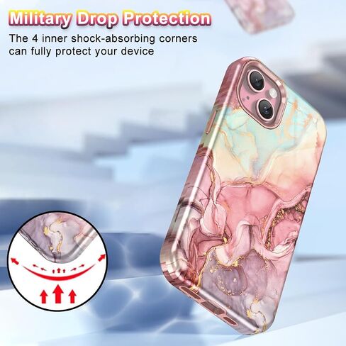 Btscase for iPhone 15 Pro Case 6.1 inch (2023), Marble Pattern 3 in 1 Heavy Duty Shockproof Full Body Hard PC+Soft Silicone Drop Protective Women Girls Cover for iPhone 15 Pro, Rose Gold in Saudi Arabia