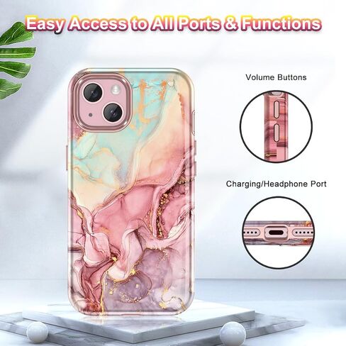 Btscase for iPhone 15 Pro Case 6.1 inch (2023), Marble Pattern 3 in 1 Heavy Duty Shockproof Full Body Hard PC+Soft Silicone Drop Protective Women Girls Cover for iPhone 15 Pro, Rose Gold in Saudi Arabia