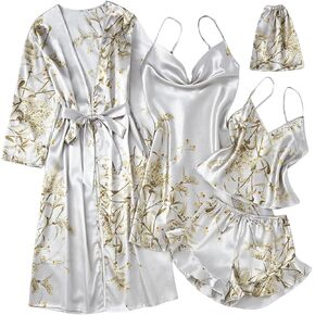 WDIRARA Women's 5 Piece Satin Floral Print PJ Set Cami Top & Shorts Sleepwear Set Mini Slip Dress with Belted Robe